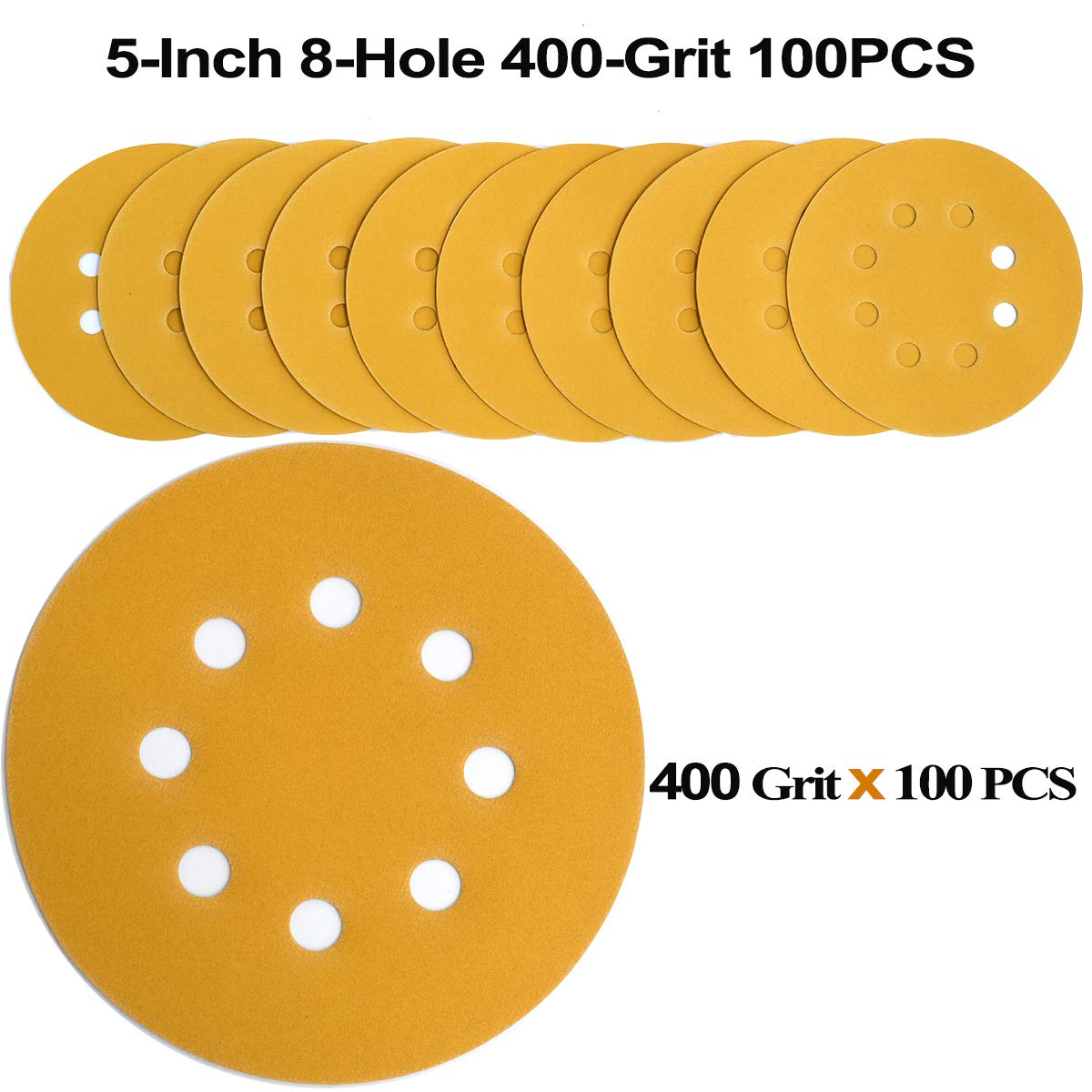 5-Inch 8-Hole Hook and Loop Sanding Discs 400-Grit Random Orbit Sandpaper, 100-Pack