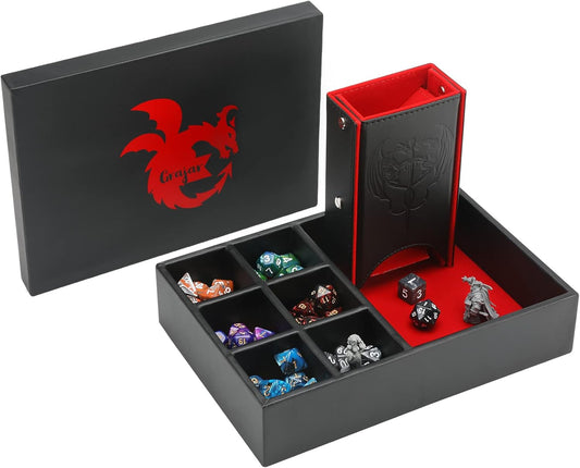 DND Dice Tray and Tower: Portable Dice Storage with Lid for Dungeons and Dragons, D&D, RPG, MTG & Table Games (Red)