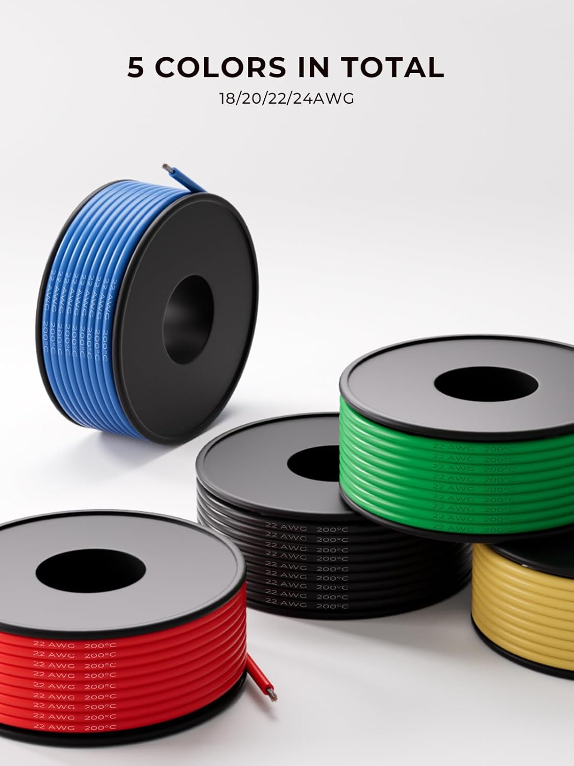 24 AWG Silicone Wire Kit 50FT, 24 Gauge Stranded Tinned Copper Wire Spool, 5 Colors 10FT Each,Flexible Electrical Wire for DIY, Automotive, LED, Arduino, Battery Projects