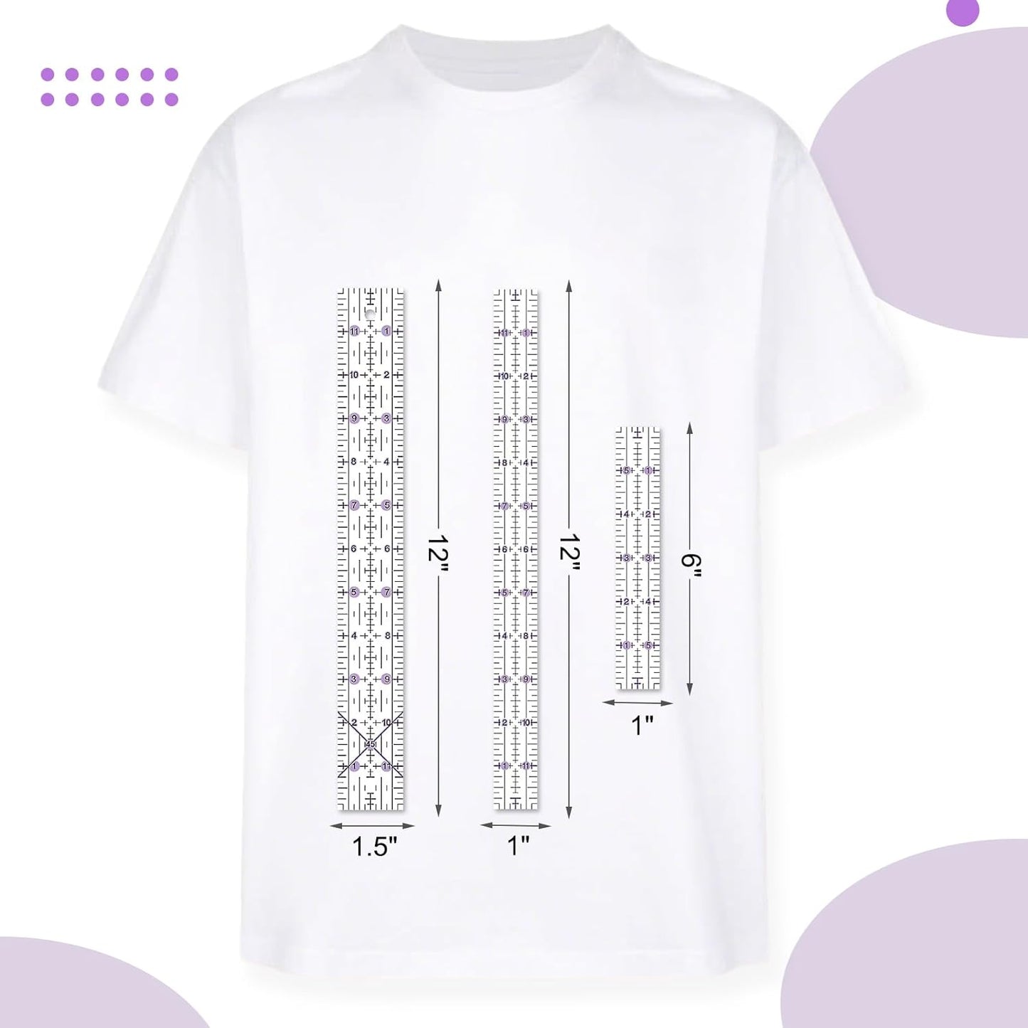 Quilting Ruler, 8 Piece Acrylic Quilting Templates, Sewing Ruler, Fabric Cutting Ruler with Non-Slip Rings, Quilting and Sewing (6"x17", 3"x17", 2"x16", 1.5"x12", 1"x12", 1"x6", 8"x3") (Purple)