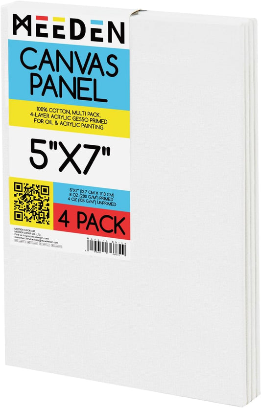 MEEDEN 4-Pack 100% Cotton Canvas Panels - 5x7'' Blank Canvas for Oil & Acrylic Painting, Ready to Paint Art Supplies