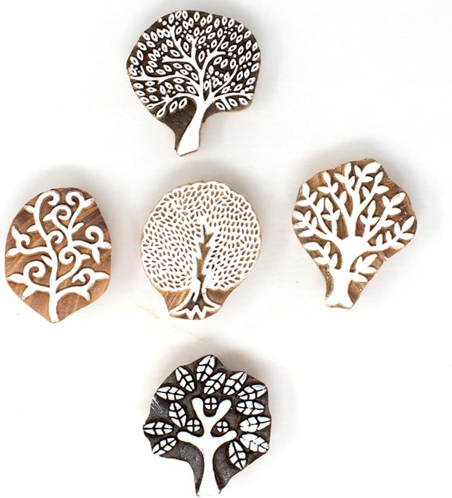 Tree Shape Wooden Block Stamps - Wooden Printing Stamps - Indian Textile Printing Blocks for Tattoo Clay Pottery Henna Card Making Pack of 5, Hashcart®