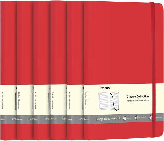 Comix 6 Pack Lined Journal Notebooks for Work, 240 Pages, 5.5"x8.3", Red, Hardcover, A5 Medium College Ruled, Journaling Notebooks for Notes-taking, Fits for Office School Home
