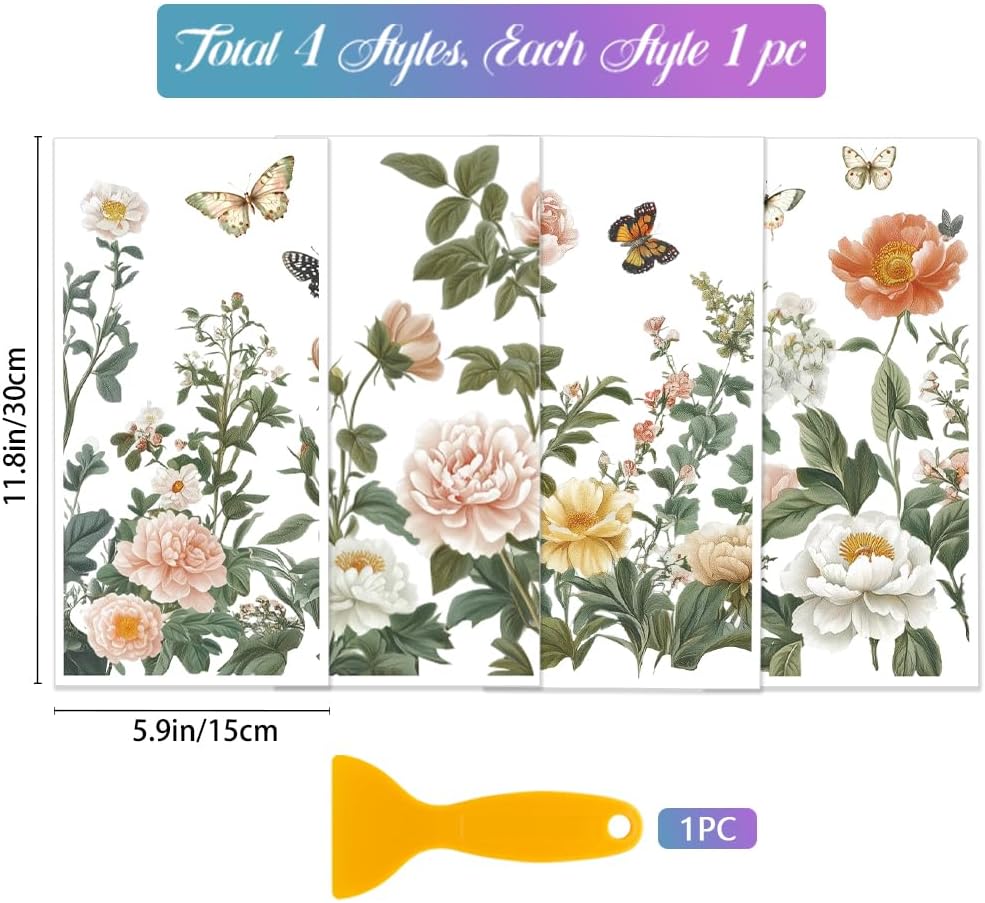 GLOBLELAND 4 Sheets Light Vintage Florals Furniture Transfer 11.8x5.9inch Butterflies Peonies Rub on Transfer Wildflowers UV Self-Adhesive Stickers Wall Art Craft for Bedroom Living Room Desk Table
