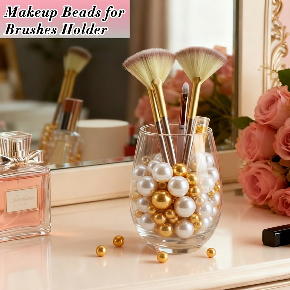 Pearl Beads No Hole Pearls for Crafting 180 Pcs Fake Pearls Faux Pearls for DIY Crafts Jewelry Making Vase Filler Floating Candle Wedding Birthday Party Home Decorations (Gold & Ivory, 8/10/14/20mm)