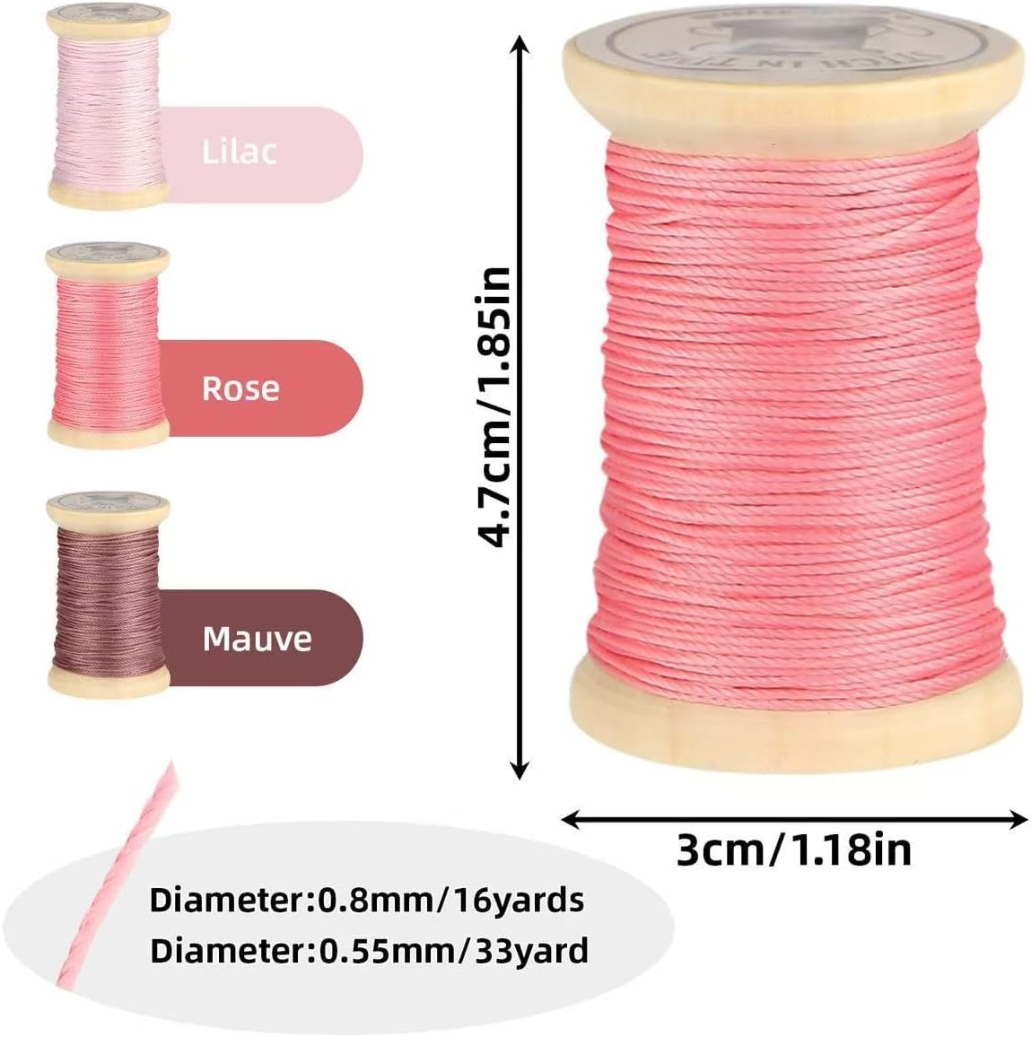 Natural Waxed Thread, 0.55mm/0.8mm, Wax Thread for Handcrafted Wrapping, Sewing, Bookbinding, Leather Threads, Beginners Craft DIY, Hemp Cord (Rose/Lilac/Mauve, 0.55mm/33 Yards)
