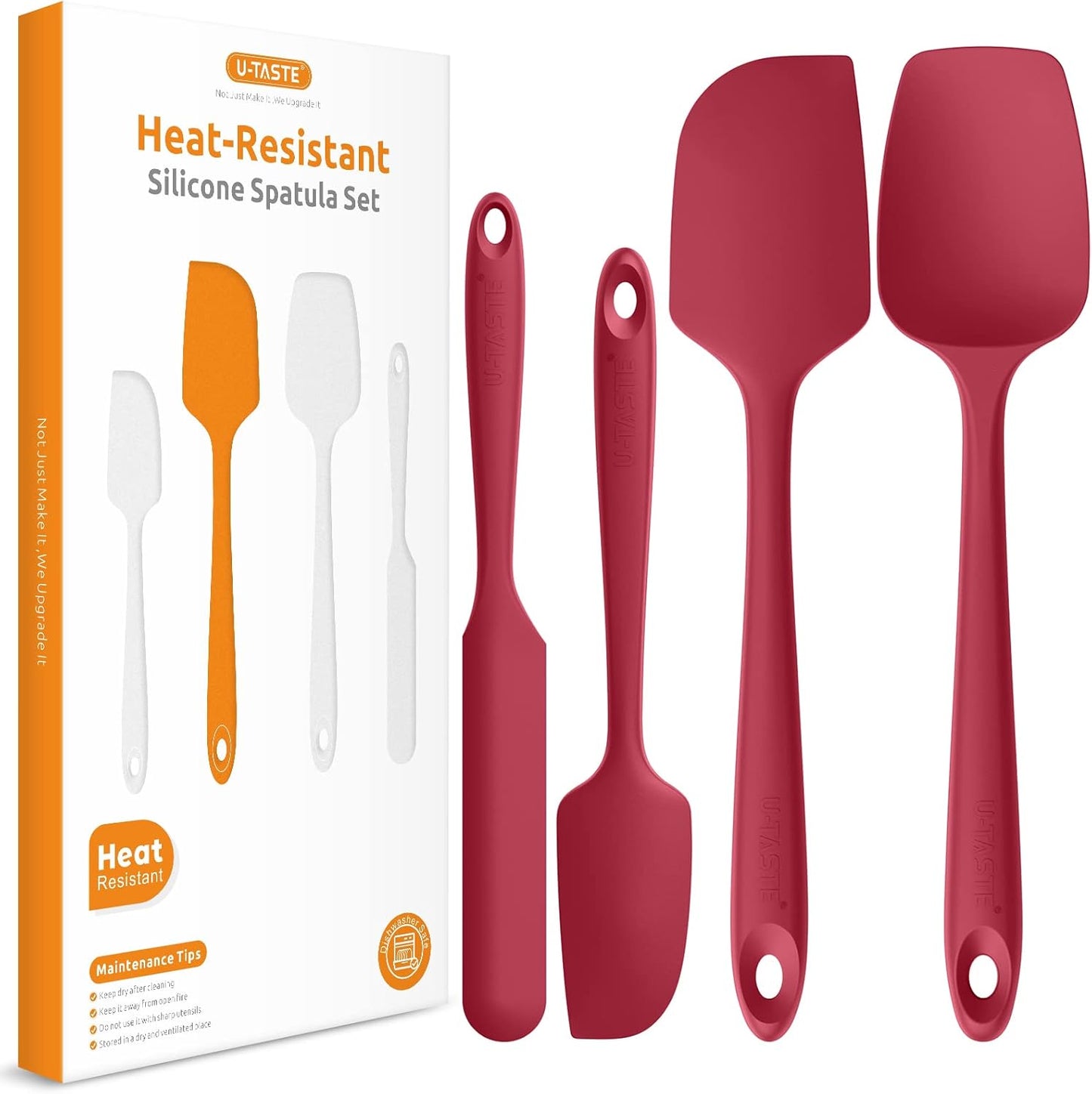 Heat Resistant Silicone Spatula Set: U-Taste 600ºF High Temp Seamless Food Grade Utensil, Flexible Rubber Silicon Kitchen Cooking Mixing Baking Scraper for Nonstick Cookware Set of 4 (Red)