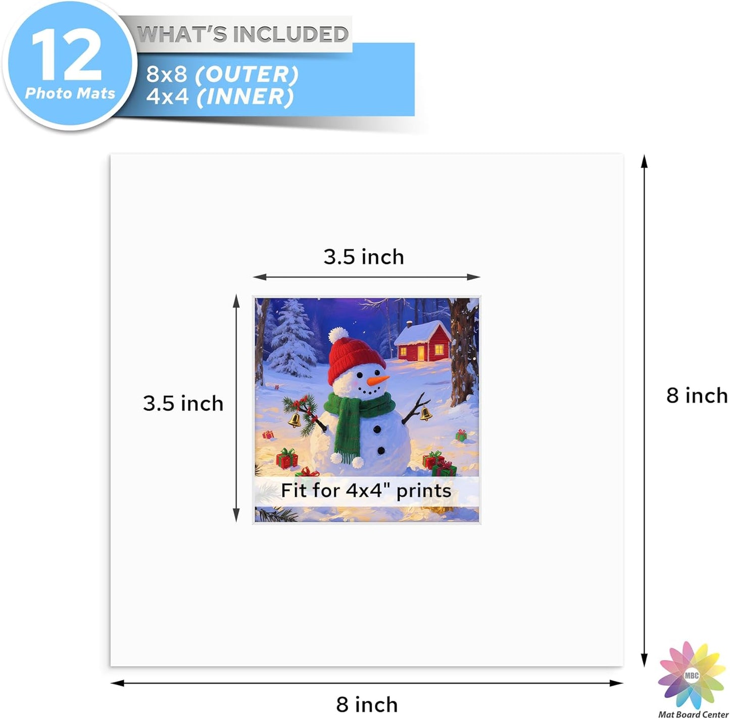 Mat Board Center, 8x8 White Mats for 4x4 Pictures - Acid Free, 4-ply Thickness, White Core, Bevel Cut - for Artworks, Photos, Framing - Pack of 12