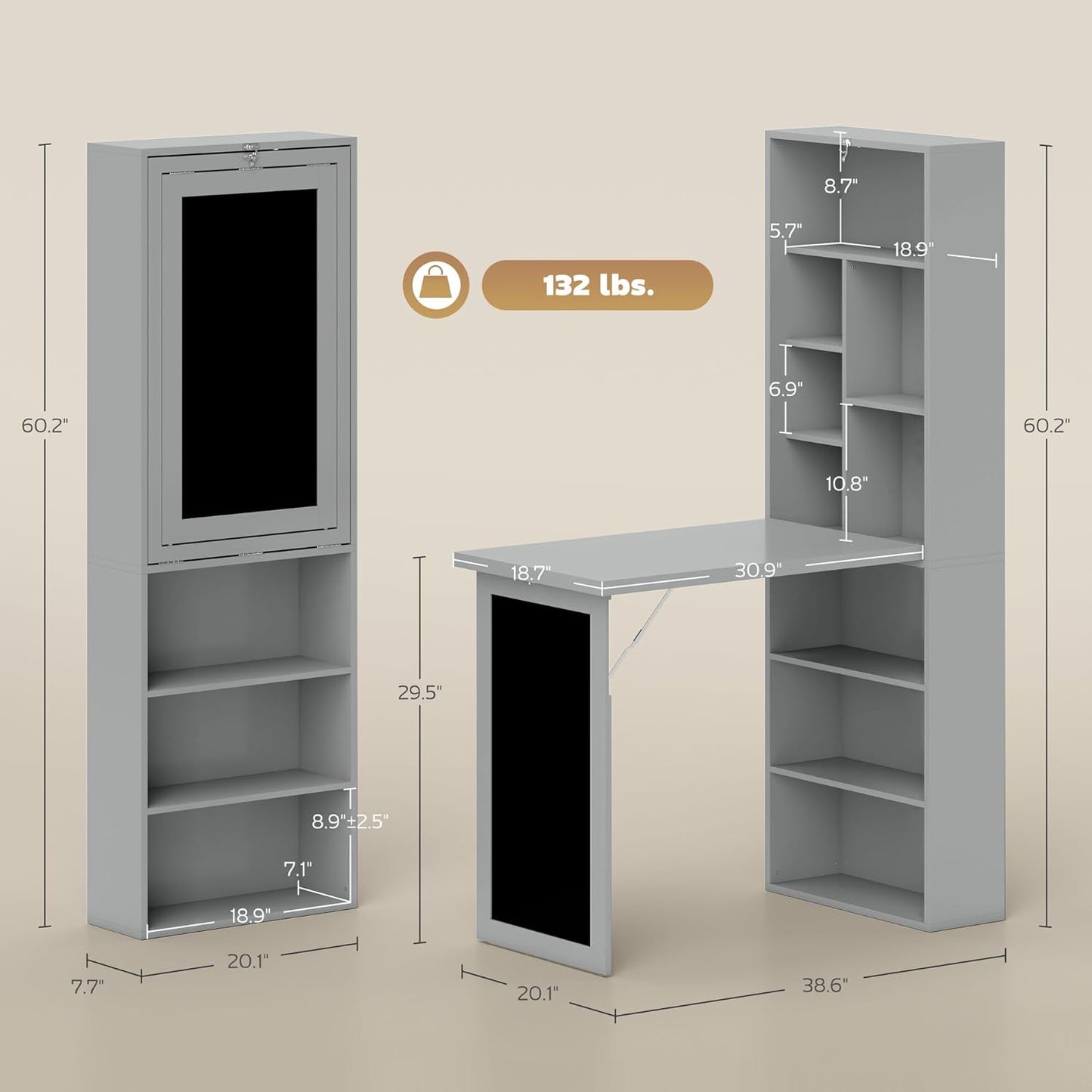 HOMCOM Fold-Out Convertible Writing Table, Wall Mount Desk Cabinet with Blackboard and Side Shelf Multi-Function Home Office Workstation, Charcoal Gray