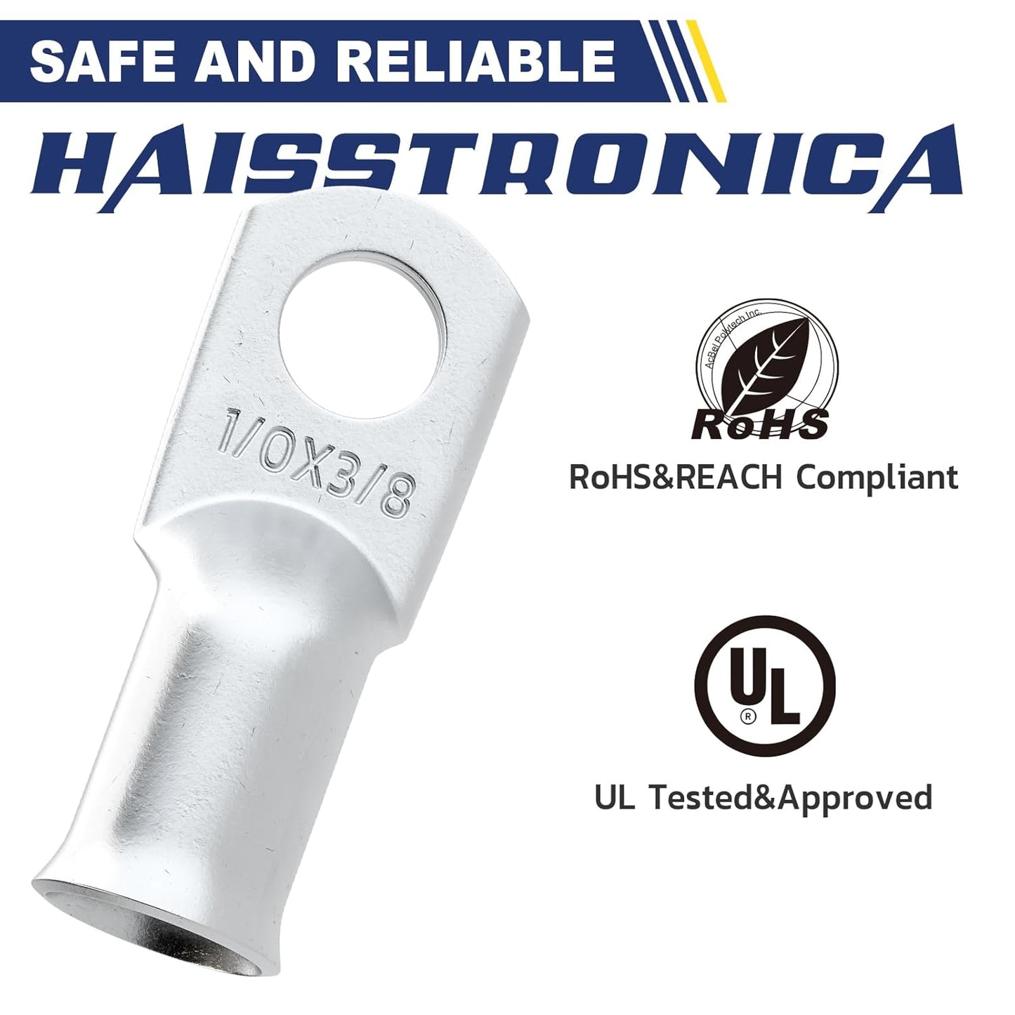 haisstronica 10pcs 1/0 AWG - 3/8"(M10) Tinned Copper Battery Lugs, Heavy Duty Copper Wire Lugs with 10pcs 3:1 Adhesive Heat Shrink Tubing, 0 Gauge Wire Lugs, Tinned Copper Battery Cable Ends