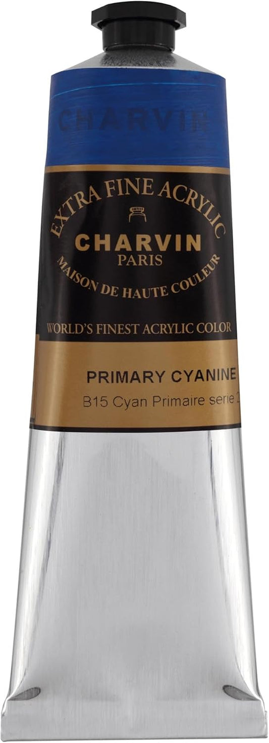Charvin Extra Fine Professional Acrylic Paint - Primary Cyan, 150ml Tube, Triple-Milled, Lightfast Pigments, Open Stock Artist Acrylic Paints in Nature-Inspired Hues