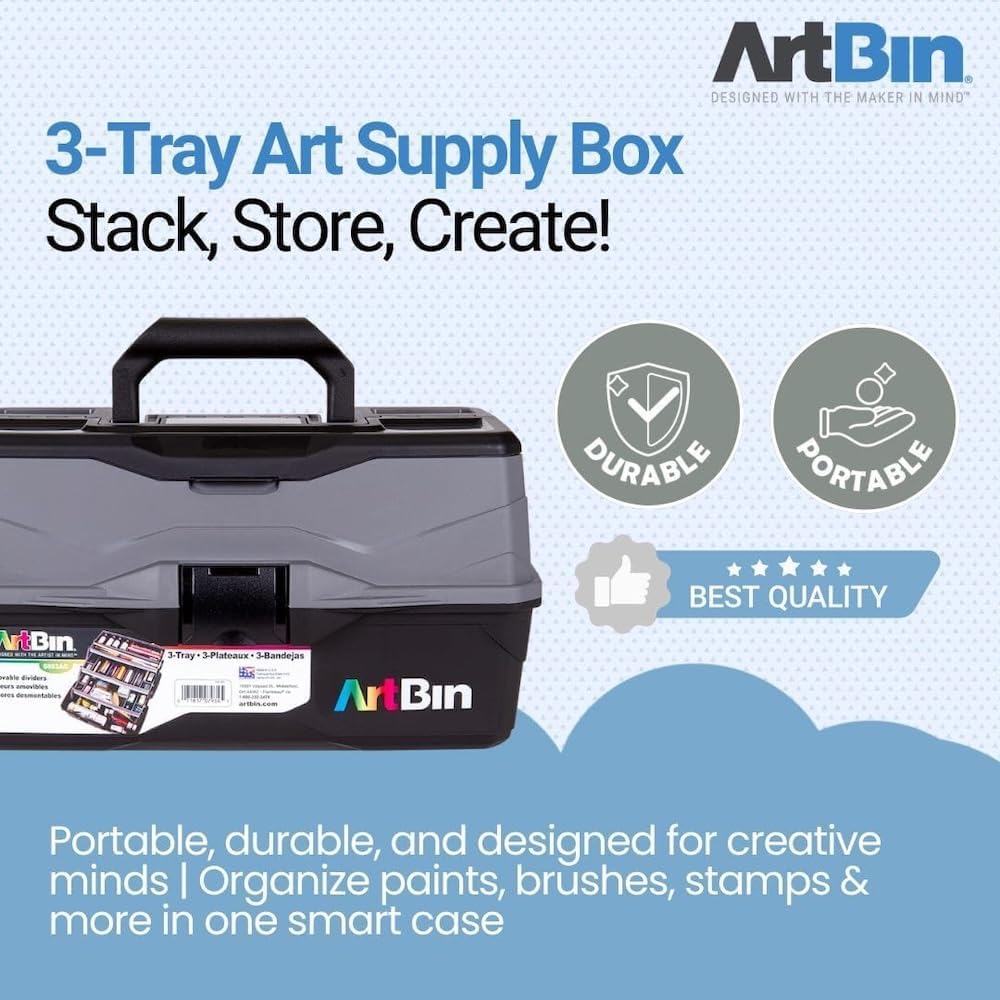 ArtBin 3-Tray Art Supply Box Versatile Organizer for Brushes, Paints, Stamps, and More - Durable Hard Plastic, Secure Closure, Portable with Top Trays and Dividers
