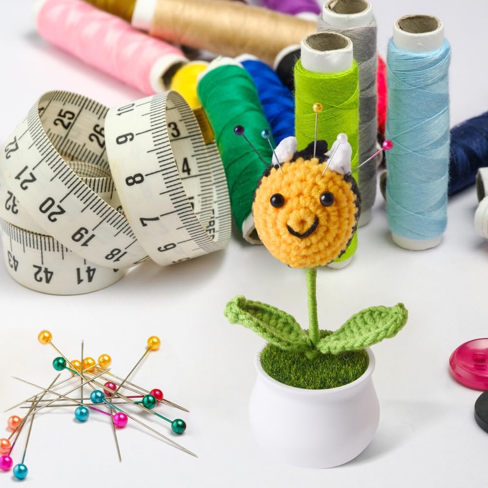 Bee Pin Cushion, Handmade Knitted Pincushions, Cute Pin Cushions Needle Holders for Sewing Quilting Accessory, DIY Crafts or Patchwork Decor.Flowerpot Design Bee