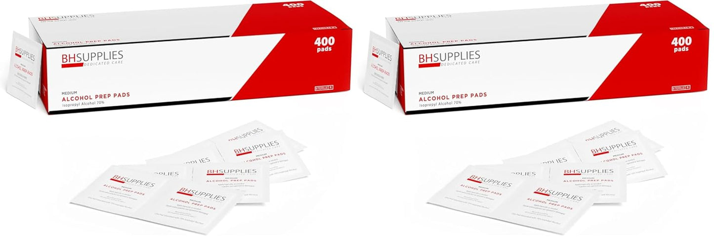 BH Supplies Alcohol Prep Pad Sterile, Medium 2-Ply, 400 Count - Saturated with 70% Alcohol (Pack of 2)