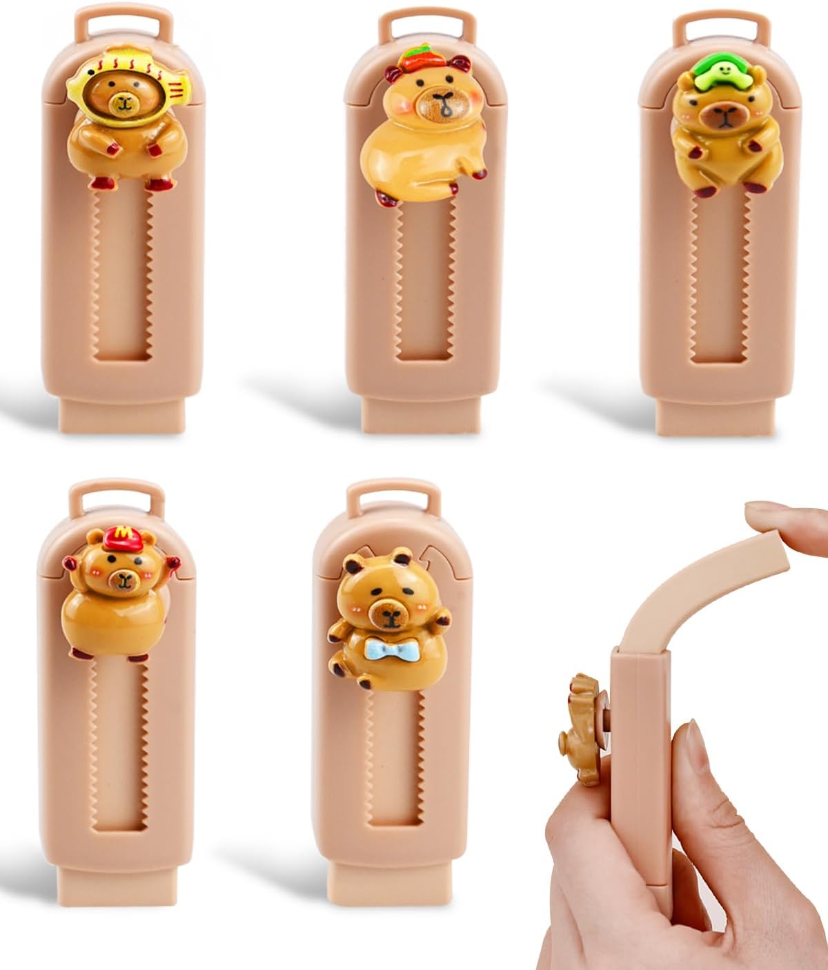 5 Pack Capybara Retractable Erasers, Cute Pencil Erasers for Kids, Students, Capybara Lovers, Large Push-Pull Rubber Eraser Set, School Office Home Stationery Supplies, Brown Colors