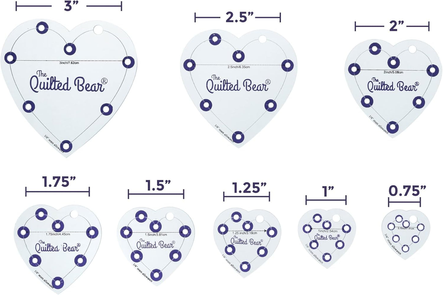 The Quilted Bear Heart Quilting Templates – 8 Clear Non-Slip Acrylic Quilt Templates for Precise Fabric Cutting & Stress-Free Machine Quilting - Ideal for Quilt & Sewing Supplies (¾–3")
