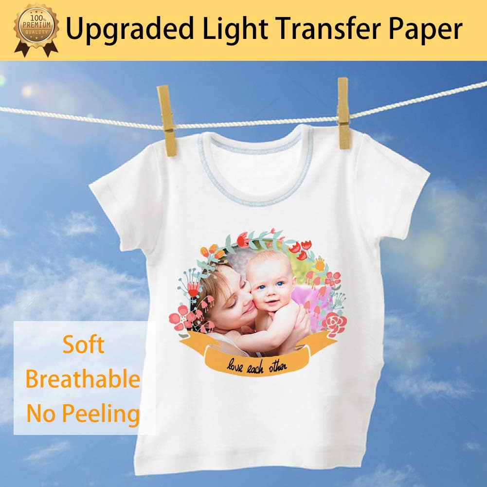 TransOurDream Upgraded Heat Transfer Paper for T Shirts (100 Sheets, 8.5x11") Iron on Transfers for Light Fabric Printable Heat Transfer Vinyl for Inkjet Printer (TOD-L2-100)