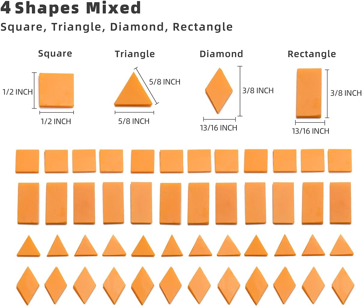 Lanyani Glass Mosaic Tiles for Art Crafts, 4 Shapes Mixed Tiffany Stained Glass Pieces, 200 Pieces, Square/Rectangle/Diamond/Triangle,Orange