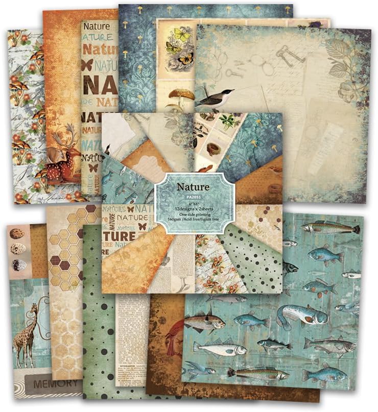 Vintage 6x6 Inch Scrapbook Paper Pad, Single-Sided 12 Unique Nature Designs, Ideal for DIY Crafting, Card Making and Journaling - 24 Sheets