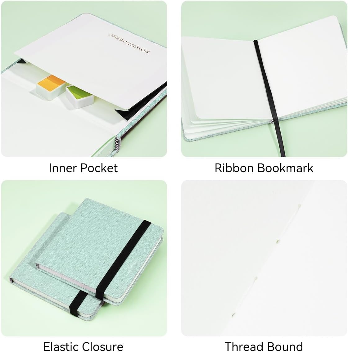 Lightwish Square Watercolor Journal,100% Cotton,300gsm/140lb,Acid-Free,24 Sheets Hot Press Watecolor Sketchbook for Artists Adults Students,4.7 * 4.7 Inches(Light Green)