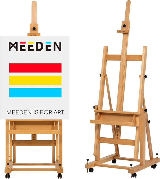 MEEDEN Enlarged Heavy-Duty H-Frame Easel: Artist Solid Beech Wooden Studio Easel - Professional Painting Art Easel Stand with 4 Lockable Wheels & Leveling Bolts - Hold Canvas up to 86" H