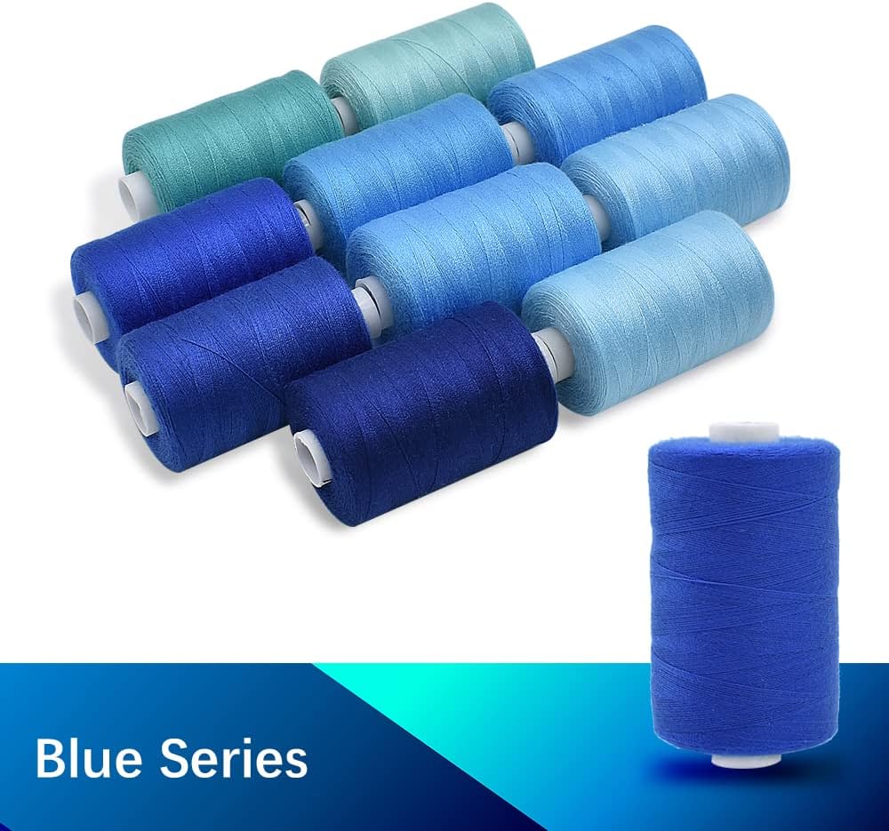 Sewing Thread 10 Color Sewing Industrial Purpose 1000 Yards Per Spool 40S/2 Polyester for DIY Sewing Machine,Embroidery Machine,Hand Sewing (Blue)