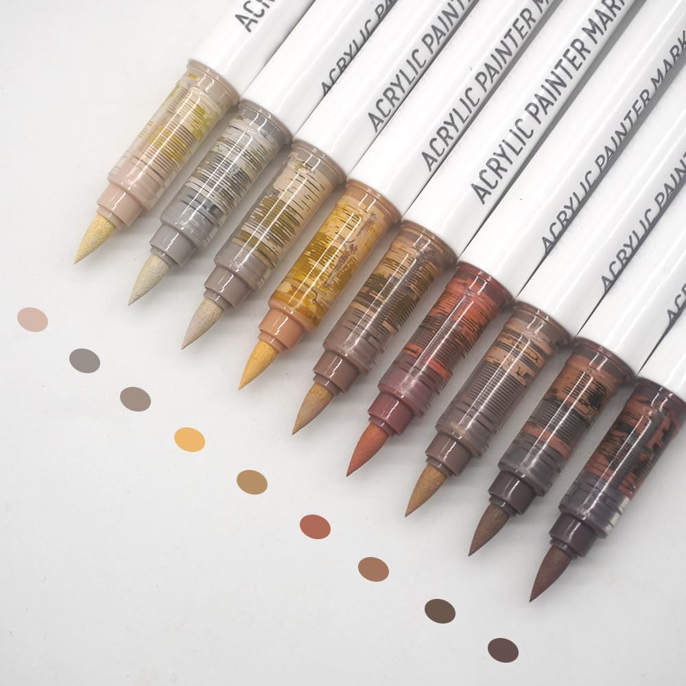 Water Based Acrylic Paint Markers, 9 Colors Acrylic Paint Pens Set with Soft Brush Tip, Marker Pen for Rock Painting, Egg, Wood, Glass, Paper, Mugs, Acrylic Painter Ink (Maillard Series)