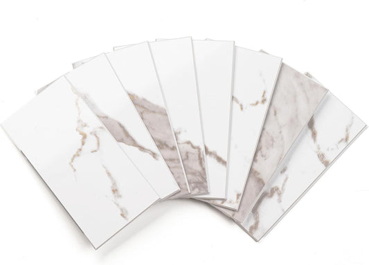 100 Pieces Peel and Stick Backsplash for Kitchen, 3" x 6" PVC Subway Tile 2026 Upgraded White Marble with Gold Accent Backsplash Stick on Tile Elevate Kitchen Fireplace RV