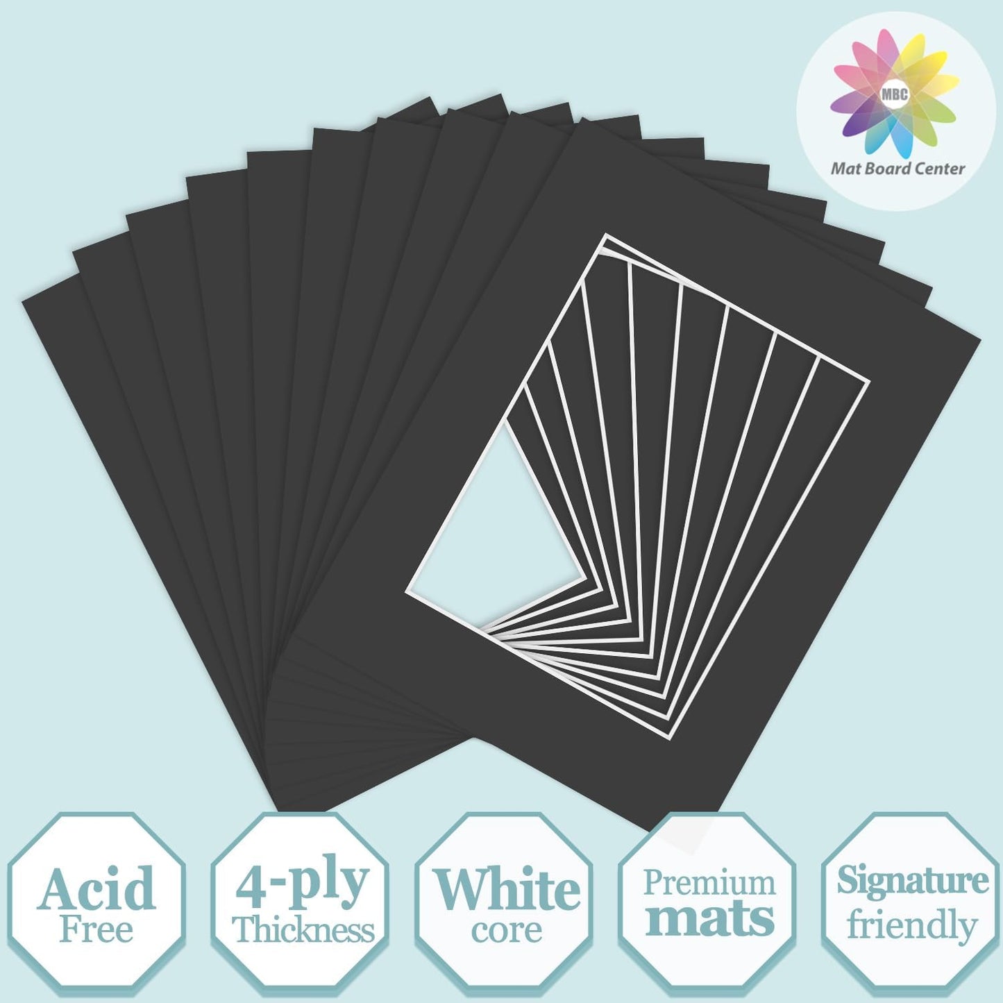 MBC MAT BOARD CENTER, 10 Pack 8.5X11 for 6X8 Black Picture Mats Frame Mattes, Bevel Cut, Acid Free, 4-Ply Thickness