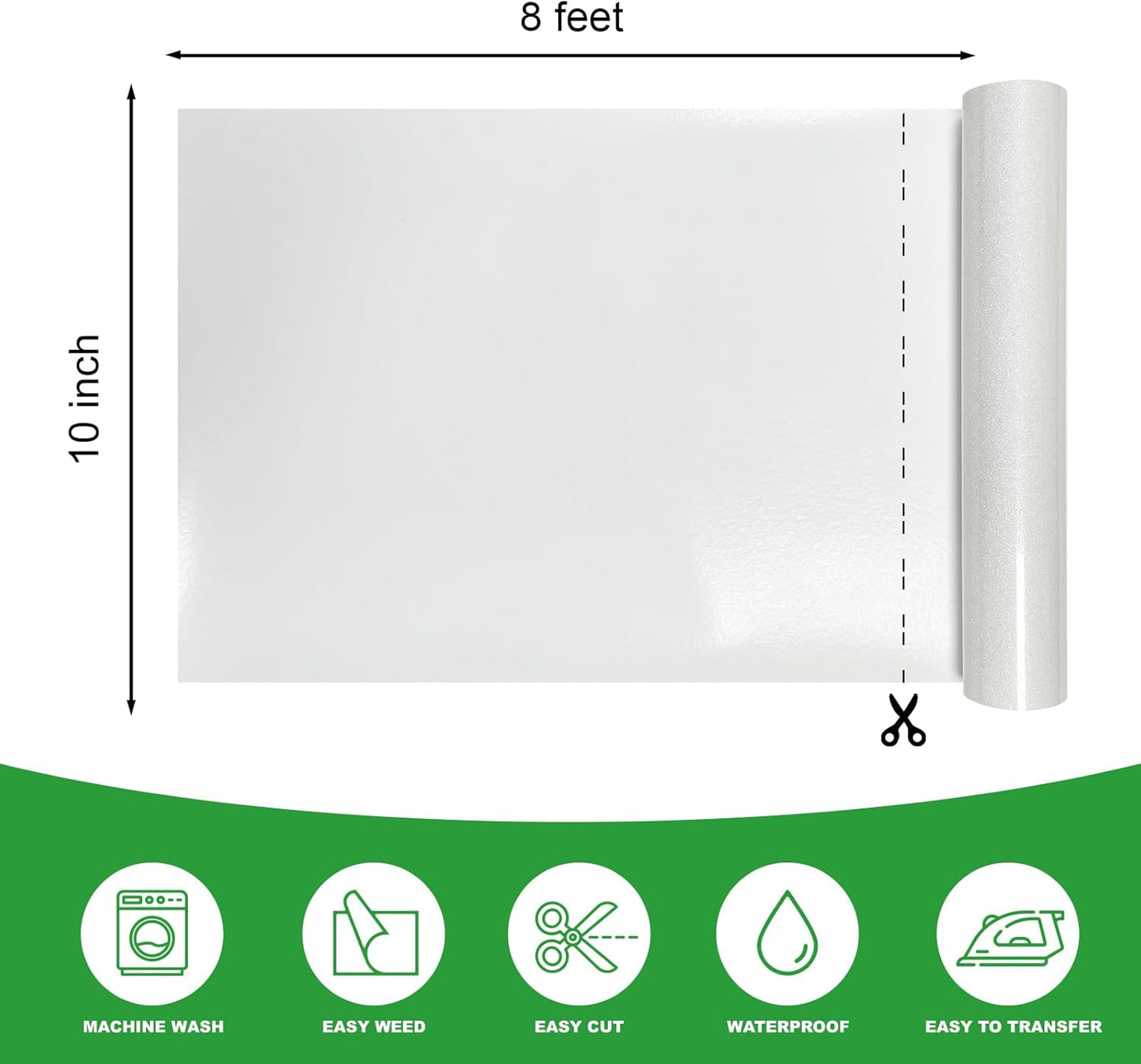 White Glitter HTV Heat Transfer Vinyl Rolls- 10" x 8ft. Glitter HTV White for Shirts. Iron on Vinyl and Heat Transfer Vinyl for All Cutters Machines. Easy to Cut & Weed Heat Vinyl Designs