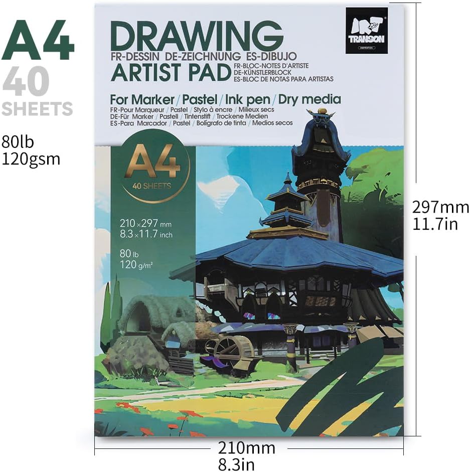TRANSON Artist Mix Media Sketchbook Marker Pad, 8.3”x11.7” 40 Sheets A4 Art Papers, 80lb/120gsm for Painting, Drawing and Sketching