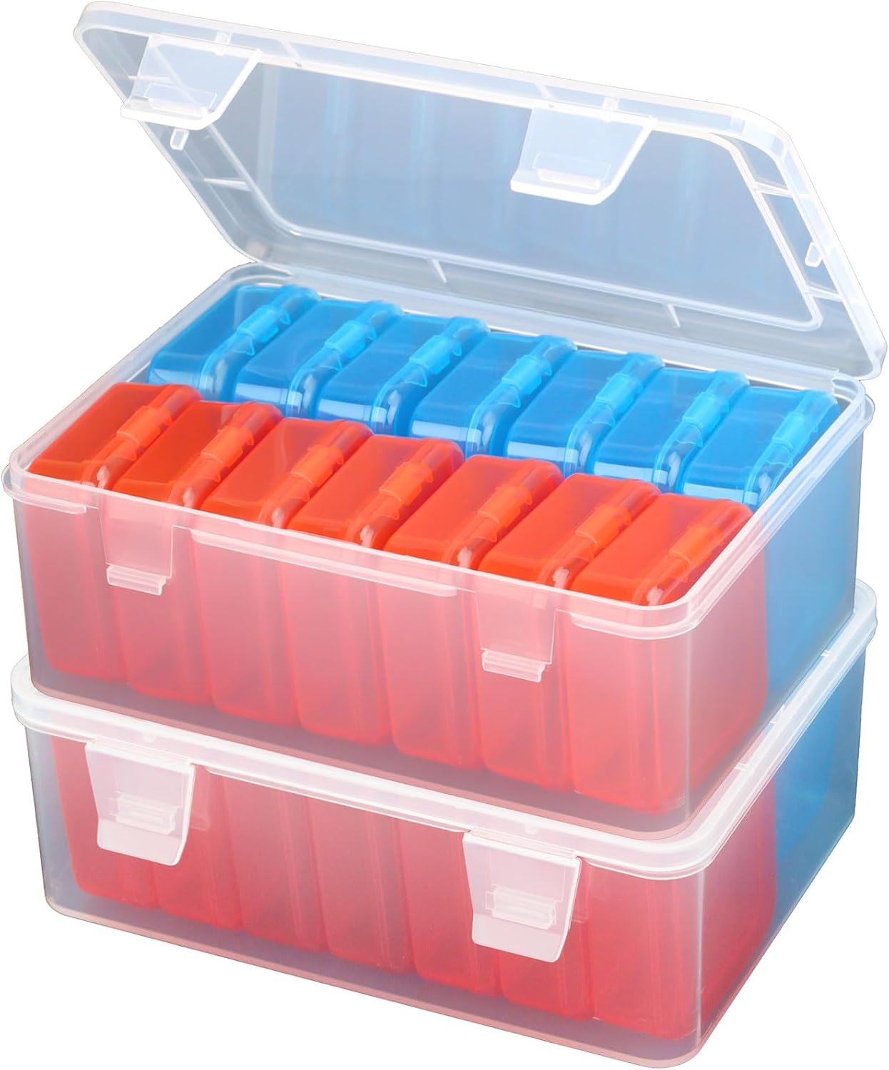 Mathtoxyz Small Bead Organizers(Red, Blue), 30 Pieces Plastic Storage Cases Mini Clear Bead Storage Containers Transparent Boxes with Hinged Lid and Rectangle Clear Craft Supply Case