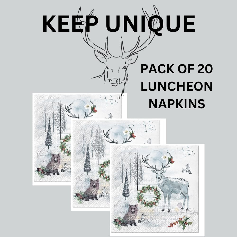 20-ct 13x13 Christmas Paper Decoupage Napkins, 3-Ply Servilletas Tissue Napkin for Dinner and Parties, Disposable Napkins (Animal Winter)