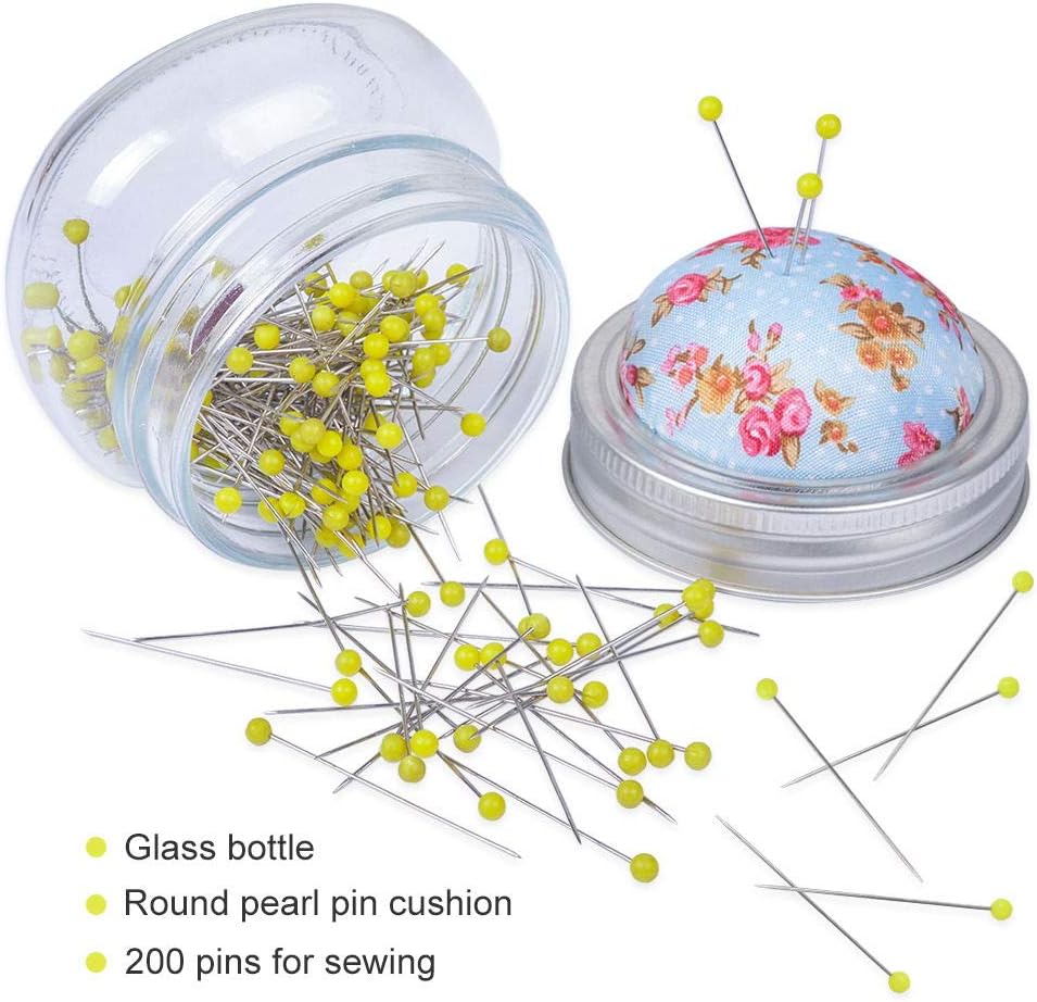 eZAKKA Pin Cushion, Sewing Pins for Sewing with Needle Pin Holder and Glass Bottle 200 Pieces Pearl Needles Quilting Pin Cushion Kit
