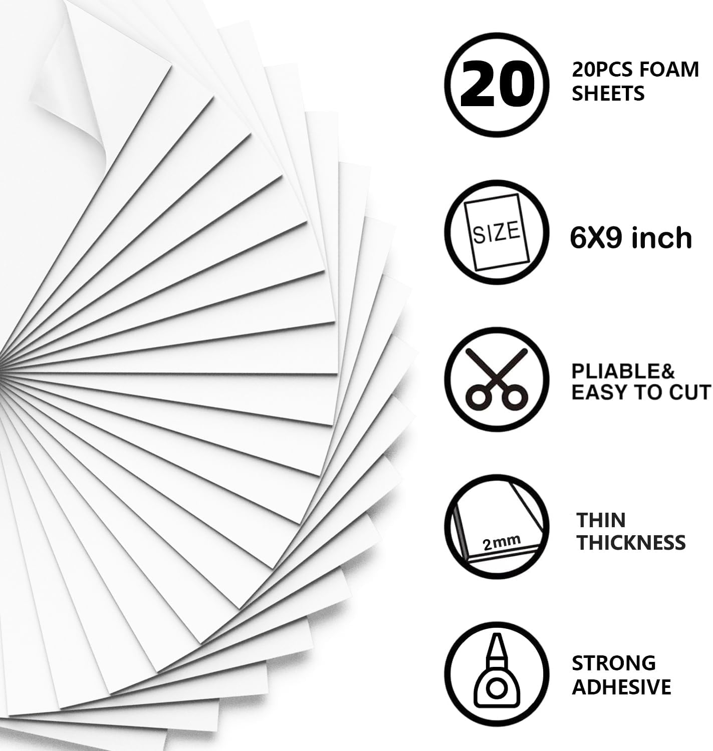 MEARCOOH 20-Pack Self Adhesive Foam Sheets, White 2mm Sticky Eva Foam Paper 6x9 Inch for 3D Crafts Cardmaking Classroom Scrapbooking