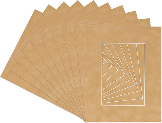 Pack of Ten Acid Free 8x10 Mats Bevel Cut for 5.5x8.5 Photos - Beige Suede Precut Matboards With Backing Boards and Self Seal Photo Mat Bags For Pictures, Photos, Framing - 4-ply Thickness