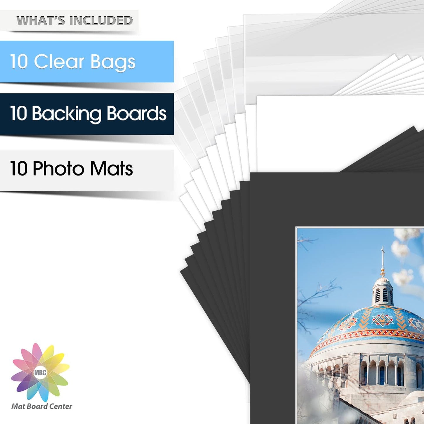 Mat Board Center, Pack of 10, 16x20 for 11x14 Black Picture Mat Sets - Acid Free, 4-ply Thickness, Bevel Pre-Cut White Core - Includes Backing Boards and Clear Bags - for Pictures, Photos, Framing
