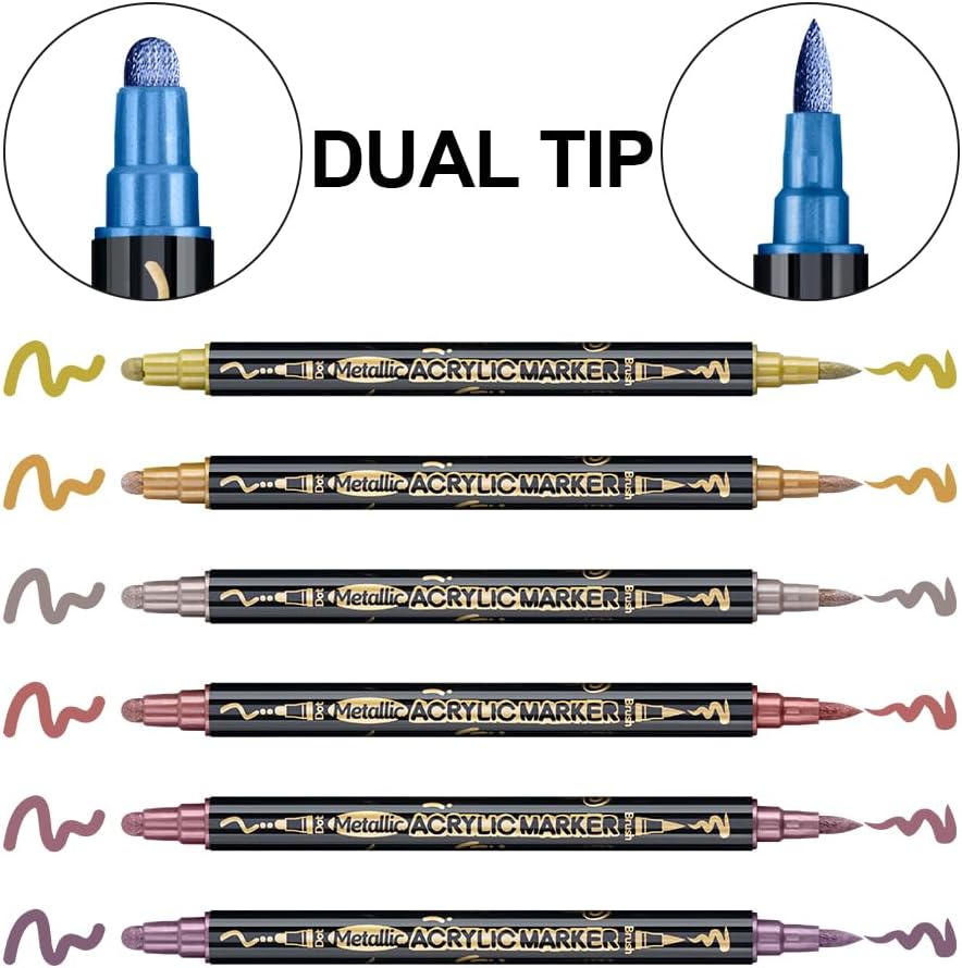 TRANSON 12Colors Metallic Paint Markers Bold and Brush Dual-tip for Rock Wood Ceramic Canvas DIY Painting Drawing