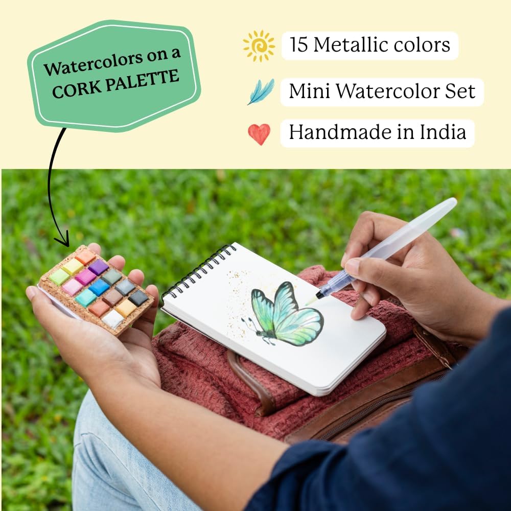 Viviva Colors Nano Watercolor Paint Set - 15 Metallic Watercolor Paints for Adults, Beginners, Artists, Hobbyists - Travel color palette, Vibrant & Handmade Mini Watercolor Kit with Mixing Palette