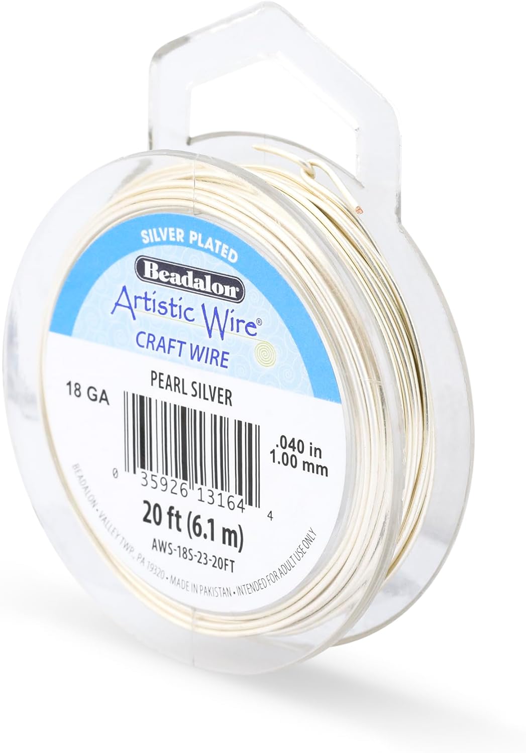 Artistic Wire, 18 Gauge Silver Plated Tarnish Resistant Colored Copper Craft Wire, Pearl Silver, 20 ft