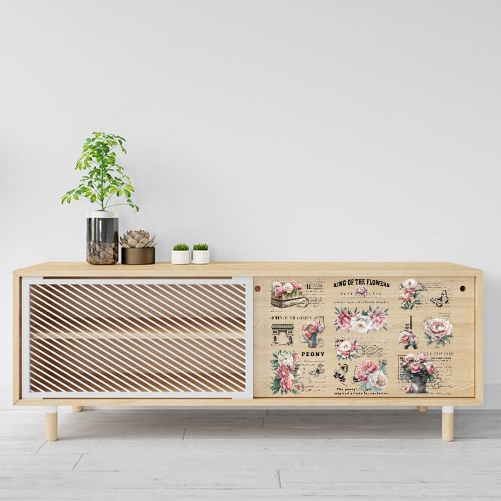 GLOBLELAND 3 Sheets Vintage Pink Peony Background Furniture Transfer 6x12inch Retro Romance Text Rub on Transfer Self-Adhesive Wall Art Decals for Bedroom Living Room Desk Table Decoration