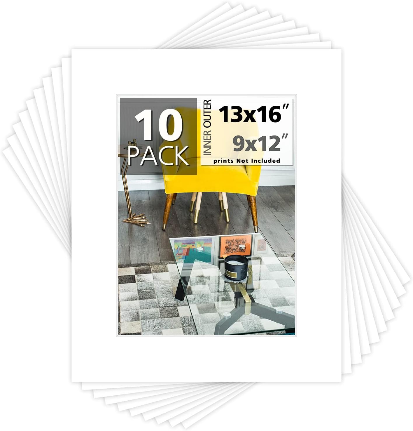 Mat Board Center, Pack of 10, 13x16 for 9x12 White Photo Picture Mats - Acid Free, 4-ply Thickness, White Core - for Pictures, Photos, Framing