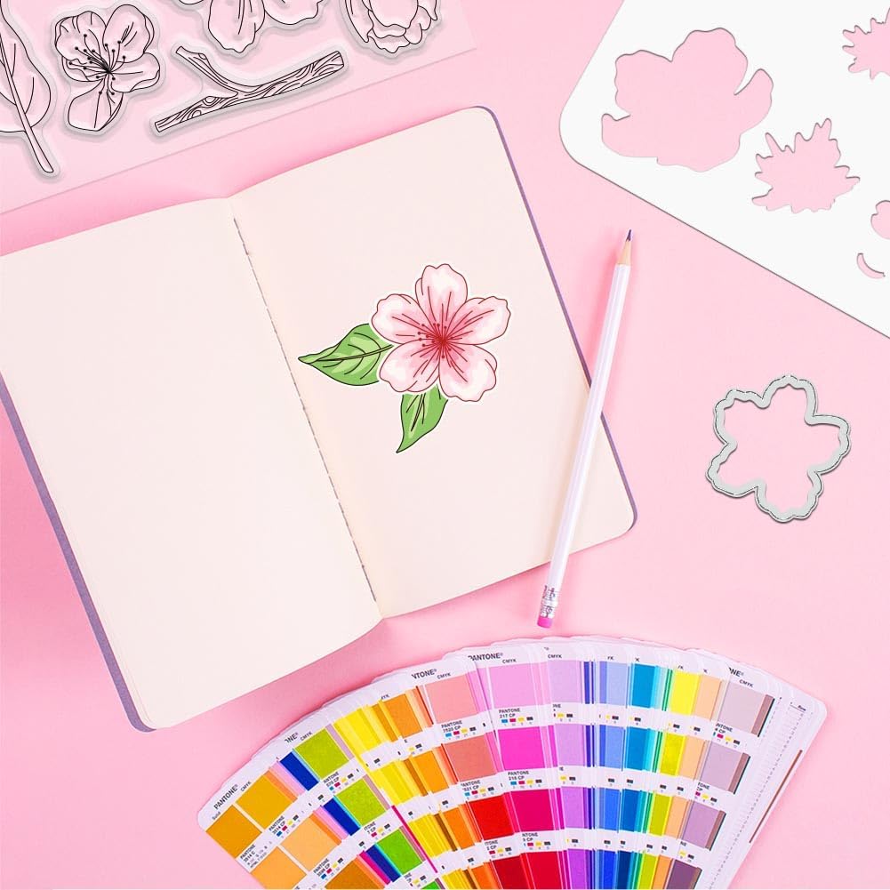 ORIGACH Realistic Peach Blossom Layering Stencils Set for Card Making, Flower Stencil Template Silicone Stamps and Die Sets for Scrapbooking DIY Crafting