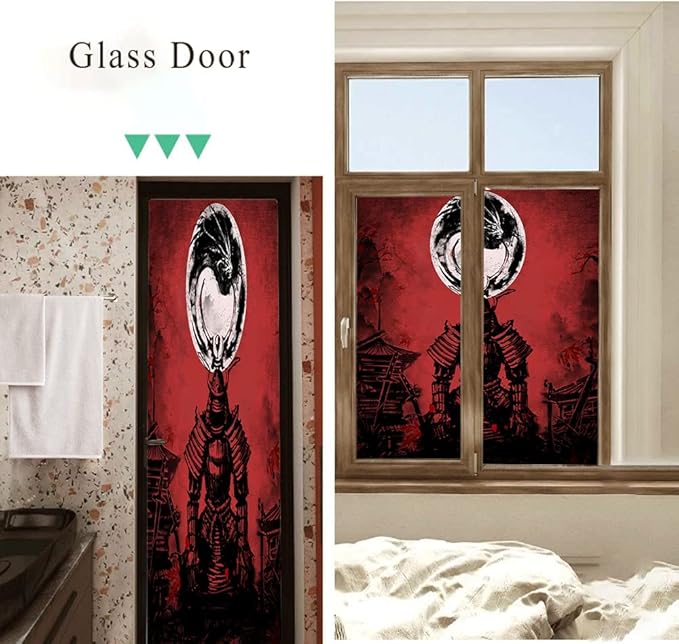 Japanese Samurai Window Film Abstract Vintage Samurai Blossom Dragon Full Moonstained Glass Window Film,Playroom Window Film,Nursery Window Film 23.6Wx35.4L-Inch X2Pcs