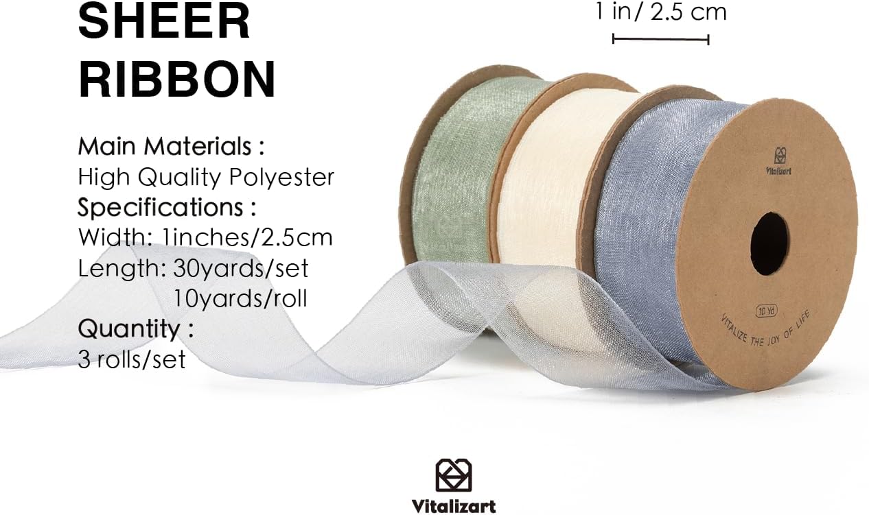 Vitalizart Organza Sheer Ribbon Set 1 inch x 30 Yd Handmade Fabric Ribbons for Gift Wrapping Christmas Tree Crafts Bows Wedding Invitations Wreaths Wrap Cream White Dusty Blue & Green