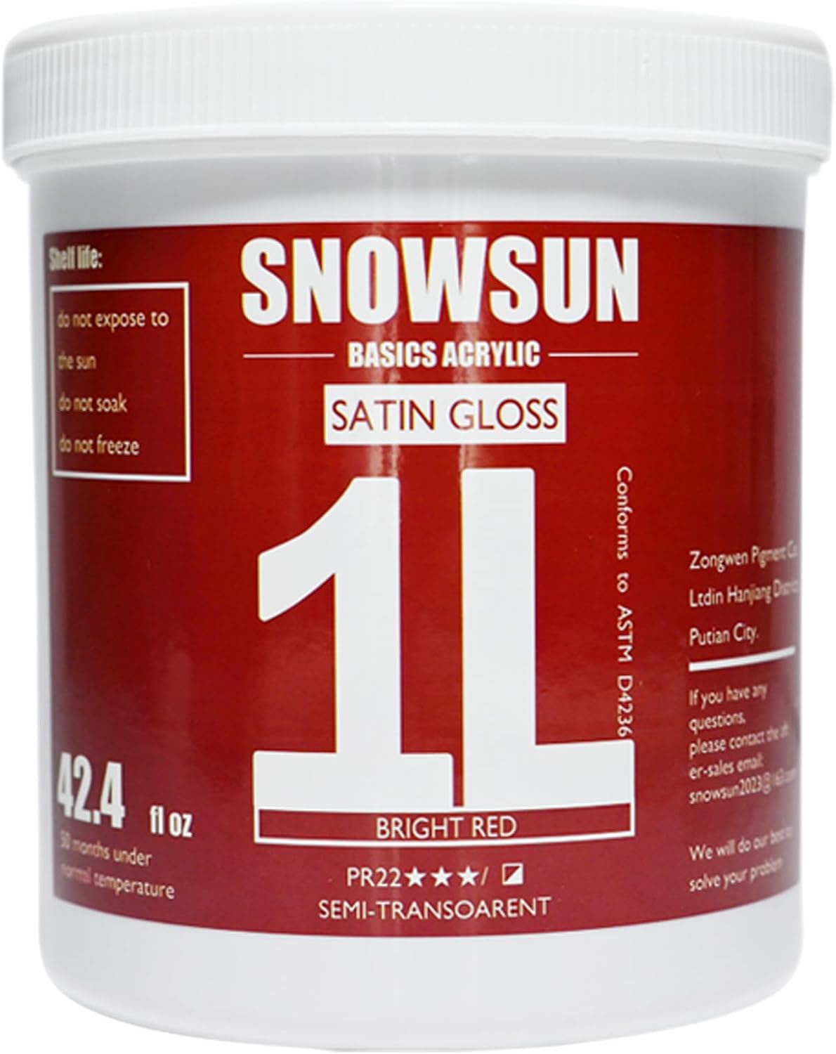 SNOWSUN Red Acrylic Paints, Large Bulk Heavy Body Acrylic Paint (42.4 oz, 1L) - Non Toxic Gloss Thick Art Paint for Multi-Surface, Canvas Wood Ceramic and Leather, Stone Craft, for Artists & Beginners