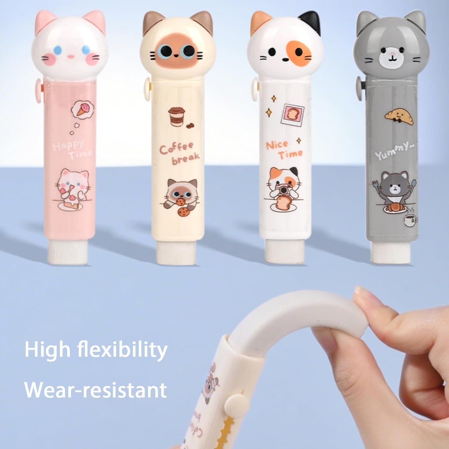 4PCS Cute Retractable Cat Pencil Eraser, Cute Cartoon Cat Pencil Erasers in Four Colors,Suitable for School Home Office Supplies