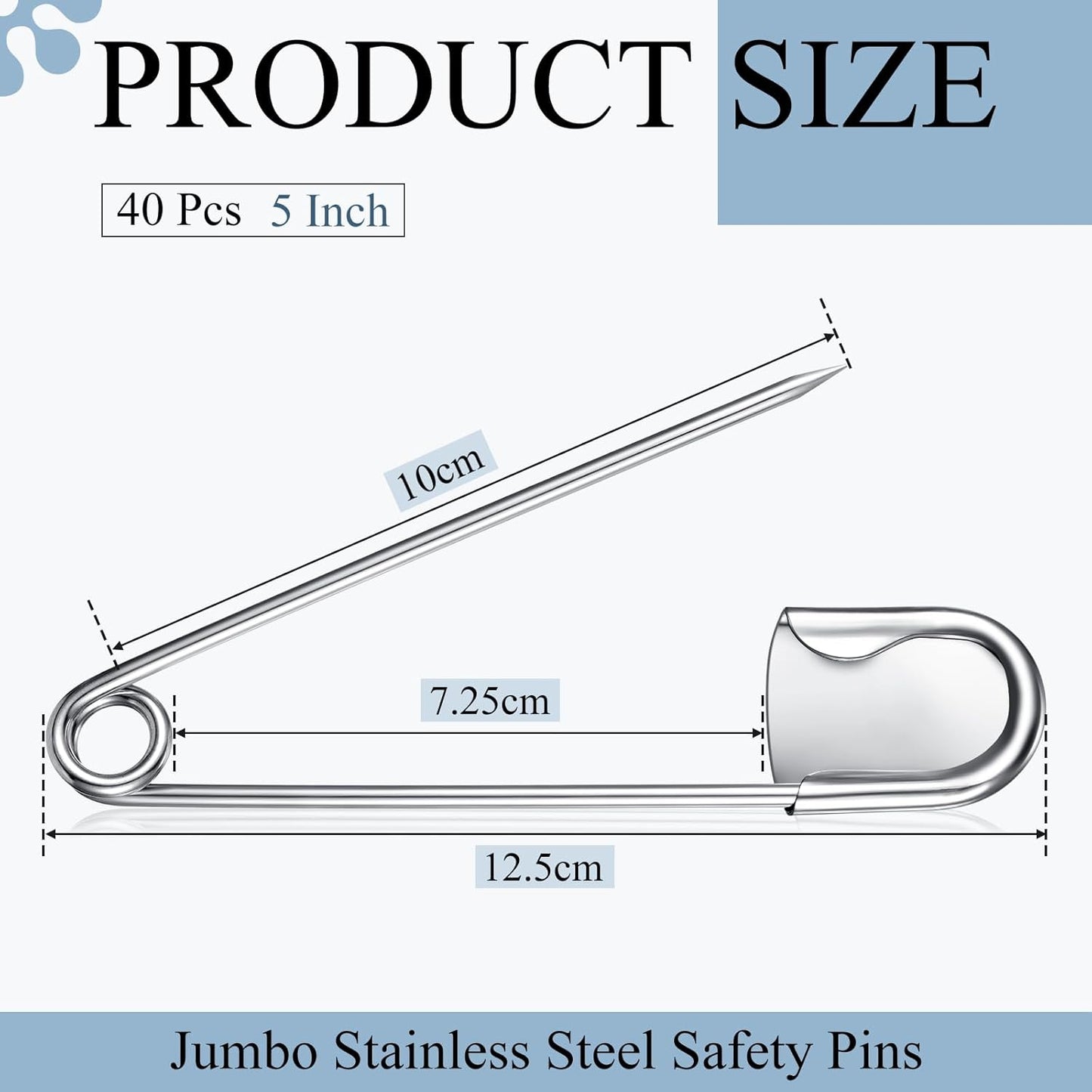 Juexica 40 Pcs 5 Inch Jumbo Stainless Steel Safety Pins Large Heavy Duty Huge Strong Laundry Pins for Upholstery Sewing Quilting Key Rings Craft Outdoor (Silver)