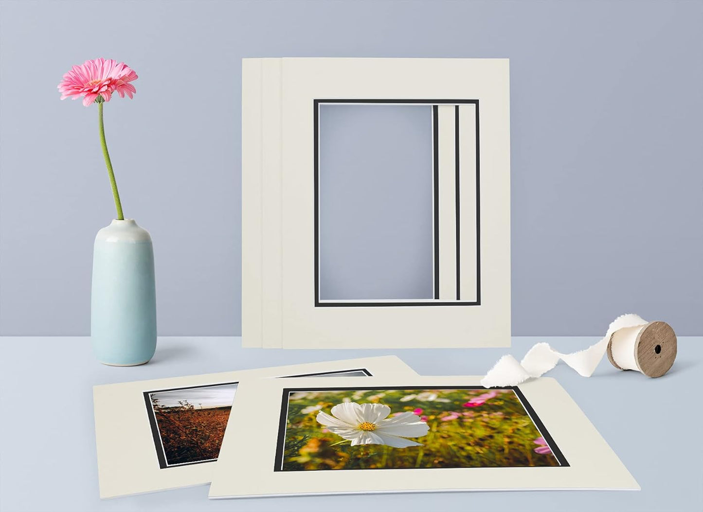 Golden State Art, 11x14 Double Mats for 8x10 - for Photos, Pictures, Frames - Acid-Free, 5 Pack, Light Gray Over Black