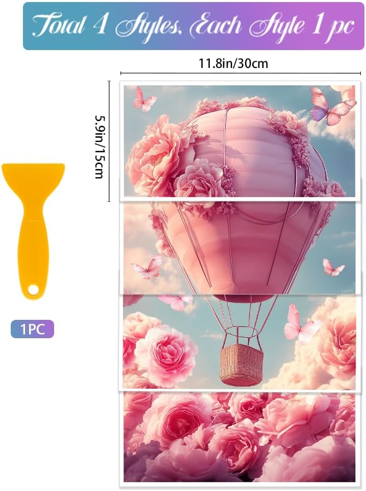 GLOBLELAND 4 Sheets Pink Roses Hot Air Balloons Rub on Transfers Pink Flower Furniture Decor Transfers Romance Butterflies Decal Transfers Stickers for Bedroom Living Room Desk Table Valentine's Day